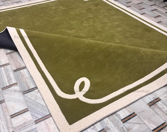 Olive Green Hand Tufted Wool Rug Modern Border Area Rug Minimalist Loop Design Carpet Contemporary Living Room Rug Custom Size Wool Area Rug