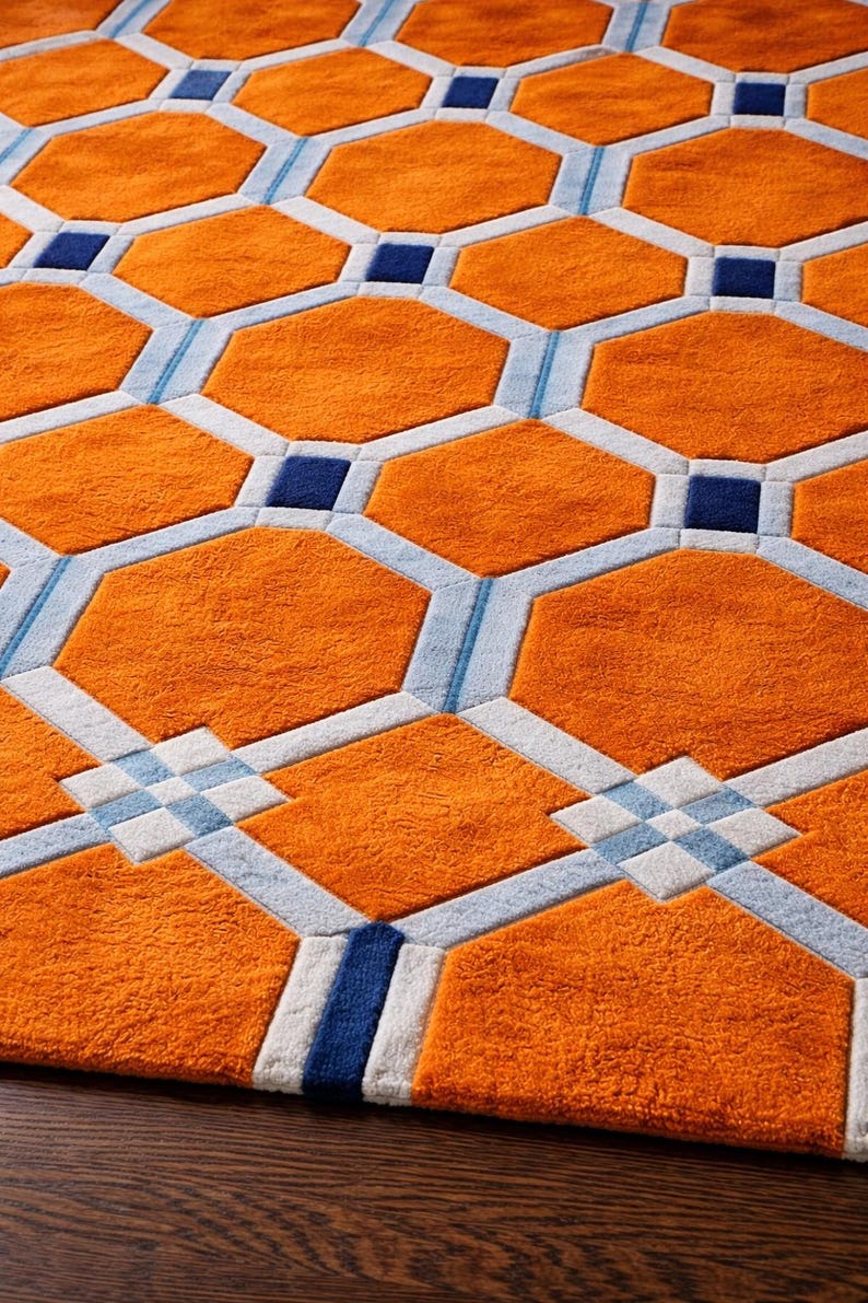 Hand Tufted Wool Area Rug, Modern Geometric Hexagon Rug, Orange Blue ...