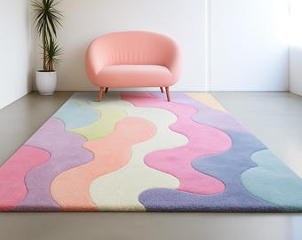 Hand Tufted Wool Rug Pastel Wavy Rug Modern Abstract Colorful Area Carpet, Handmade Tufted Rainbow Rug for Living Room or Bedroom