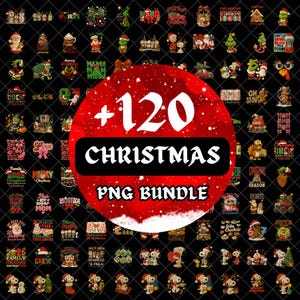 Puede incluir: Una colección de más de 120 gráficos PNG con temática navideña sobre un fondo negro. Los diseños incluyen a Papá Noel, Snoopy, el Grinch y varias frases navideñas. Un gran círculo rojo en el centro dice "+120 CHRISTMAS PNG BUNDLE."