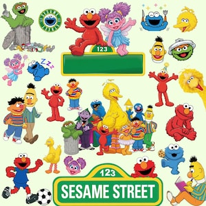 May include: A collection of Sesame Street character stickers featuring Elmo, Big Bird, Cookie Monster, Abby Cadabby, Bert, Ernie, Oscar the Grouch, and Count von Count, along with a green Sesame Street 123 sign and various individual character poses.