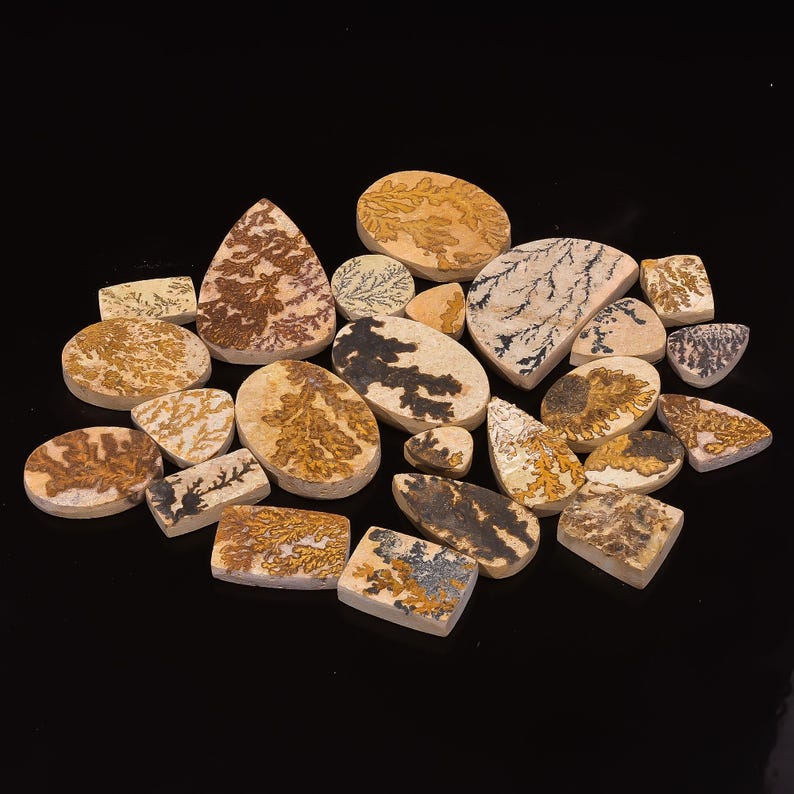 May include: A collection of polished dendritic agate stones in various shapes, including ovals, rectangles, and teardrops. The stones feature intricate patterns in shades of brown, tan, and black against a creamy white background. The stones are arranged on a black surface.
