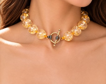 Citrine Beaded Necklace, Hand Knotted Gemstone Necklace, Golden Yellow Bead Necklace, Toggle Clasp Jewelry, Statement Necklace Gift