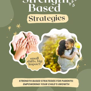 Może przedstawiać: Grafika w kolorze oliwkowym z tekstem "Strength Based Strategies" i frazą "small shifts, big impact!". Obraz zawiera zdjęcia dłoni i rodzica obejmującego dziecko. Obecny jest również tekst "Strength Based Strategies for Parents: Empowering Your Child's Growth".