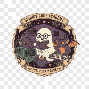 May include: A circular graphic with the text "Spooky Code Academy". It depicts a ghost reading, a spider with headphones, and a bat using a keyboard. The text "Est. 2023 // Devs" is also included, all in a beige and purple colour scheme.