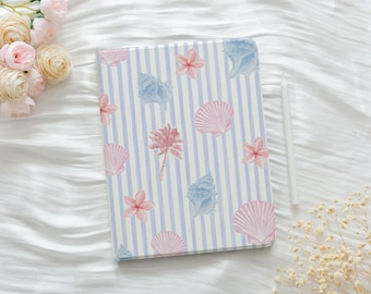 Blue Stripe Seashell iPad Case for Pro 2025 13/11,iPad A16 2025 11,iPad Air7 2025 13,iPad 10/9 10.9,Custom iPad Case with Pencil Holder,Gift