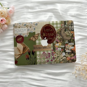 May include: A decorative laptop case featuring a collage design with floral, butterfly, and book elements. The case includes the text "LITTLE WOMEN" and "It's no use, Jo". The color scheme is primarily green, brown, and white.