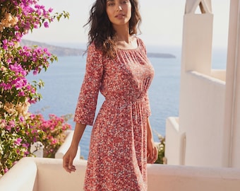 Flowy, short, off-the-shoulder floral print summer dress – Size 38 – Boho chic style