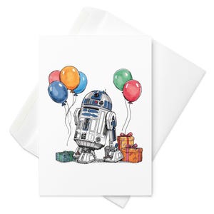 May include: White greeting card with a watercolour illustration of R2-D2, balloons, and presents. The card is accompanied by a white envelope, suitable for a birthday or special event.