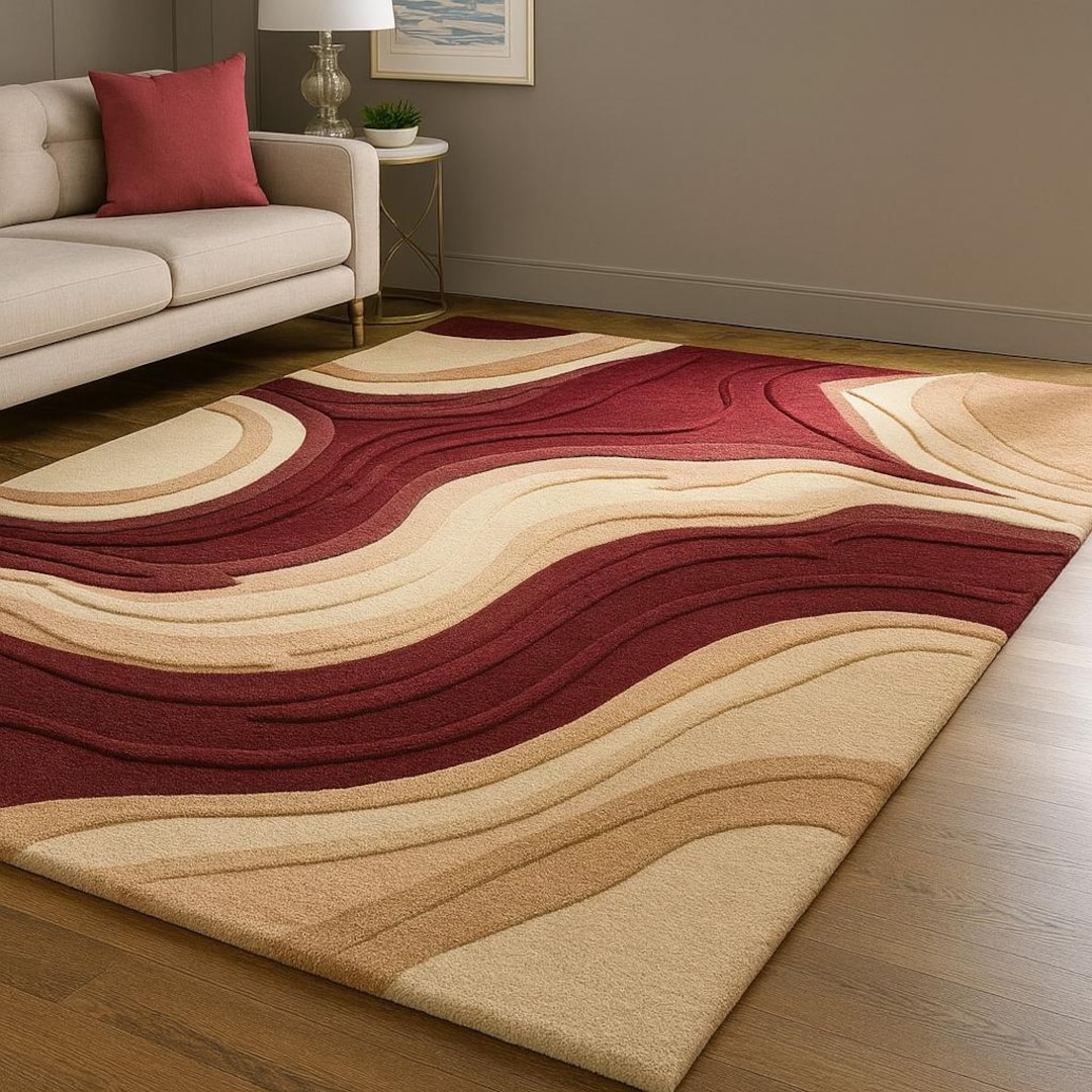 Modern Patterned Area Rug Modern Wave Pattern Area Rug – Textured Maroon & Beige Carpet - Etsy