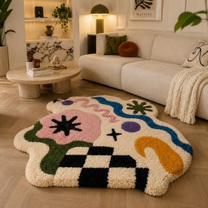 Handgemaakt kosmisch krabbeltapijt | Abstract vloerkleed | Modern tapijt met onregelmatige vorm | Designer statement-tapijt | Woonkamerinrichting
