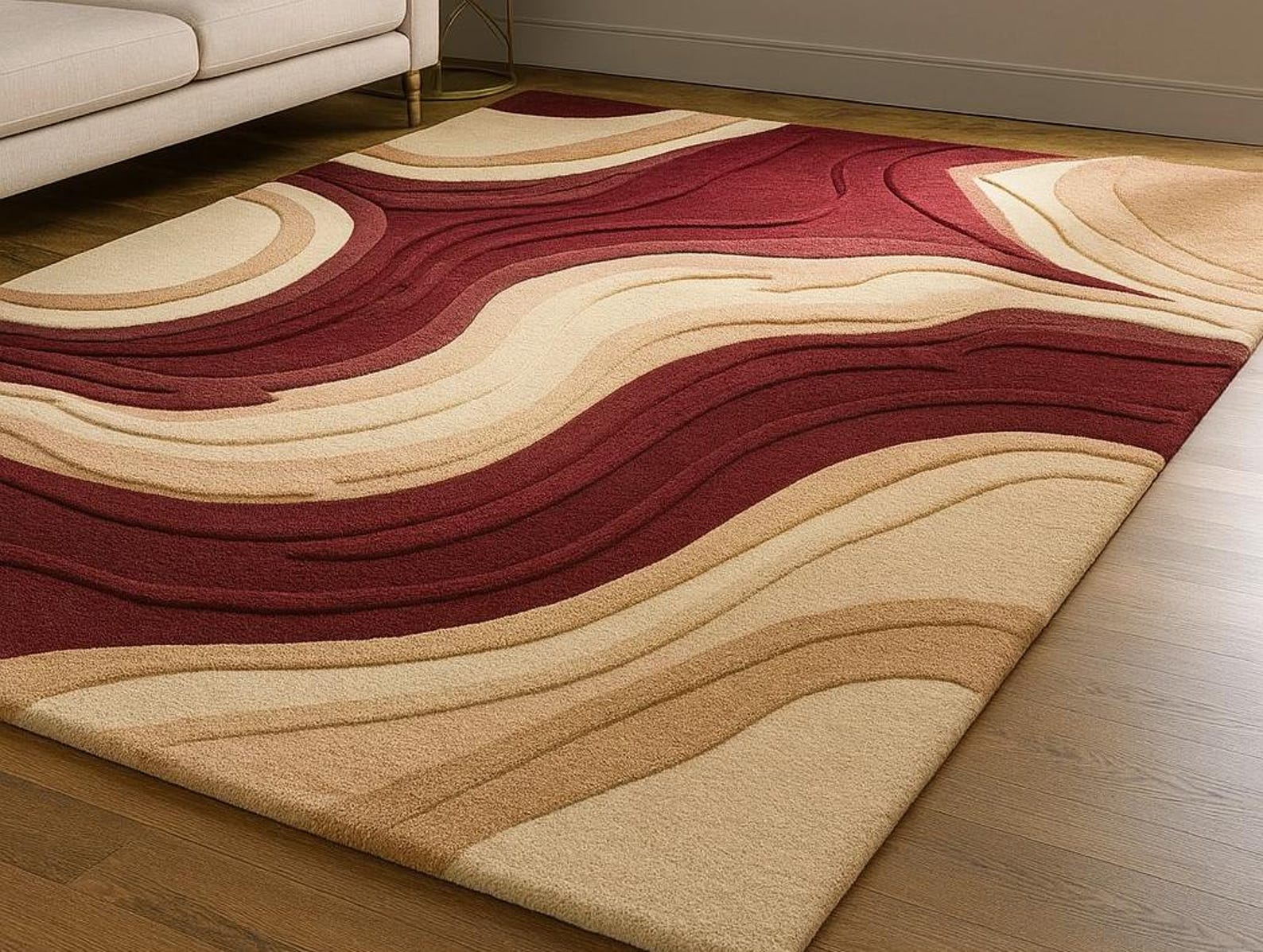 Modern Wave Pattern Area Rug – Textured Maroon & Beige Carpet - Etsy