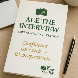 Może przedstawiać: Książka zatytułowana "ACE THE INTERVIEW" z podtytułem "CORE CONFIDENCE EDITION" jest wyświetlana na drewnianej powierzchni. Okładka zawiera tekst w kolorze zielonym i złotym, w tym cytat "Pewność siebie to nie szczęście - to przygotowanie". Obecny jest również czarny długopis i filiżanka kawy.