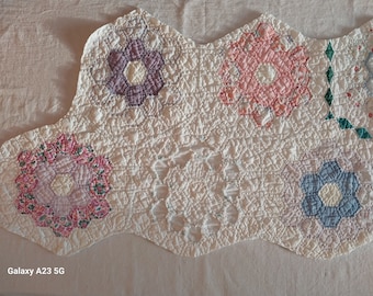 Tattered Vintage Grandma's Flower Garden Inward Curve 26, To Point 33 X 18 1/2 Handmade Quilt Piece Vintage Quilt Piece