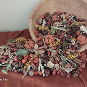 May include: A large wooden bowl filled with a collection of decorative autumn-themed items including small orange pumpkins, brown pinecones, cinnamon sticks, dried green leaves, and yellow berry clusters, with the text Galaxy A23 5G visible.