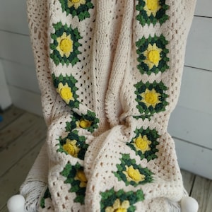 Beautiful Crocheted Off White Afghan / Yellow Flowers / 72 X 48 / Handmade Afghan / Blanket / Throw / Medium - Heavy Weight