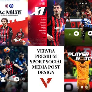 Può includere: Un collage di grafica sportiva, incentrato principalmente sul calcio. Le immagini mostrano giocatori, loghi delle squadre e punteggi delle partite. È visibile anche il testo "VERVRA PREMIUM SPORT SOCIAL MEDIA POST DESIGN".