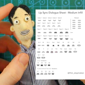 May include: A handmade felt puppet with a striped shirt and a detailed face is held in a hand. Next to the puppet is a white sheet with lip sync diagrams and the text "Lip Sync Dialogue Sheet - Medium Infill". The sheet includes various mouth shapes.