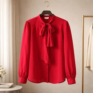 Adrianna Papell 10 Vintage 100% Silk 80's Red Bow Tie Neck Blouse Top Victorian image 3