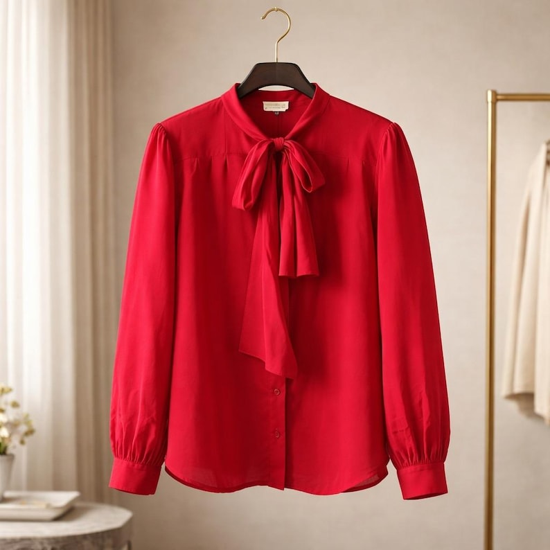 Adrianna Papell 10 Vintage 100% Silk 80's Red Bow Tie Neck Blouse Top Victorian image 3