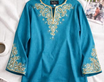 Bob Mackie XL Tragbare Kunst Petrol Bestickte Vintage Paisley Tunika Top Y2K Gypsy