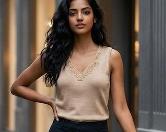 Talbots Woman 1X Tan Vintage Beaded VNeck Sleeveless Knit Top Stretch Hong Kong