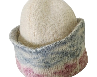 Samband of Iceland Wool Hat Fair Isle Knit Beanie Cap Cream Blue Pink Vintage