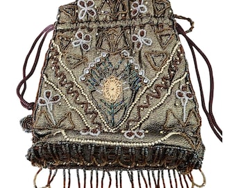 Vintage Beaded Drawstring Pouch Bag Small Evening Clutch Purse Boho Bronze