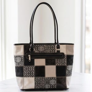Giani Bernini Patchwork Logo Tote Bag Black Beige Silver Medium Handbag 14x10