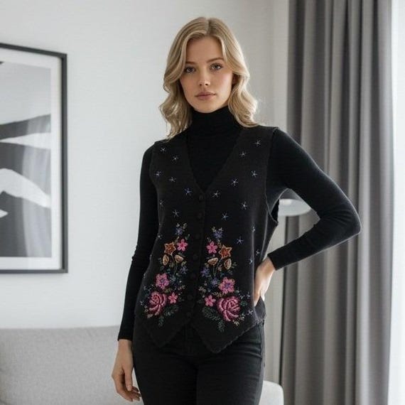 Studio Collections Patchwork Beaded Cotton Vest B… - image 2