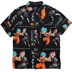 May include: Black button-up shirt featuring colorful Dragon Ball Super anime characters. The shirt has short sleeves and a classic collar. The design includes various characters in action poses, with Japanese text and logos scattered across the fabric.