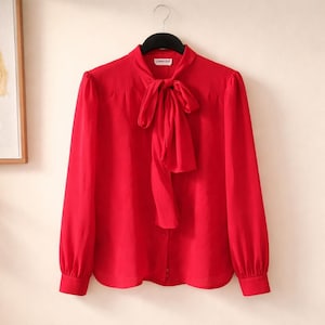 Adrianna Papell 10 Vintage 100% Silk 80's Red Bow Tie Neck Blouse Top Victorian image 1