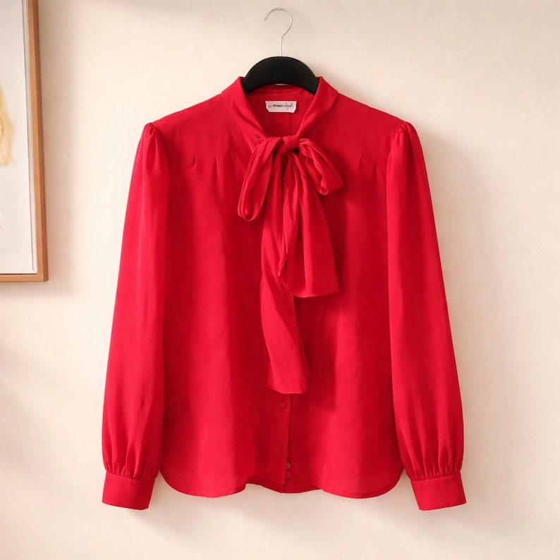 Adrianna Papell 10 Vintage 100% Silk 80's Red Bow Tie Neck Blouse Top Victorian image 1