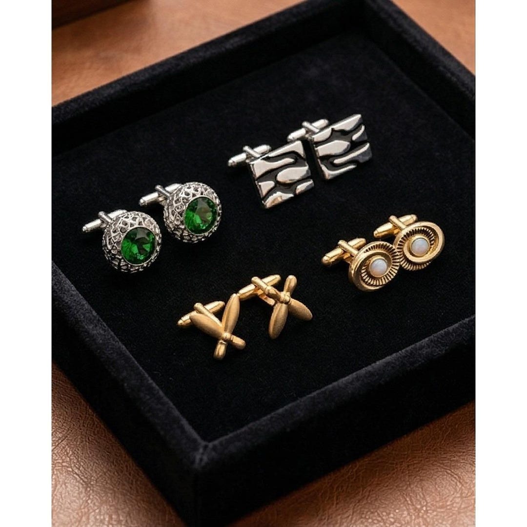 Vintage Mens Cufflinks Set 4 Pairs Gold Silver Tone Bowling Green Stone ...