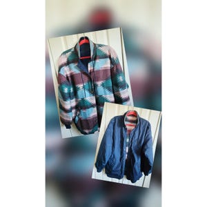 May include: Two jackets are displayed. The first is a reversible jacket with a colorful geometric pattern in teal, purple, and blue. The second jacket is navy blue. Both jackets have a collar and pockets.