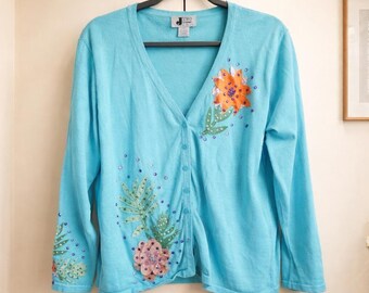 J Two New York XXL Vintage Turquoise Blue Floral Sequin Cardigan Sweater