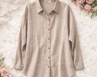 Chicos Design 3 Vintage 100% Silk Grid Long Tunic Shirt Tan Black Womens XL