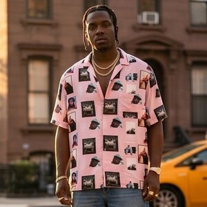 May include: Pink short-sleeve button-down shirt with a collage of small black and white images. The shirt features a classic collar and a single chest pocket. The shirt is worn with gold jewelry.