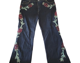Suzanne Somers Vintage Denim Jeans Rose Embroidered Flare Leg Plus Size 22 NOS