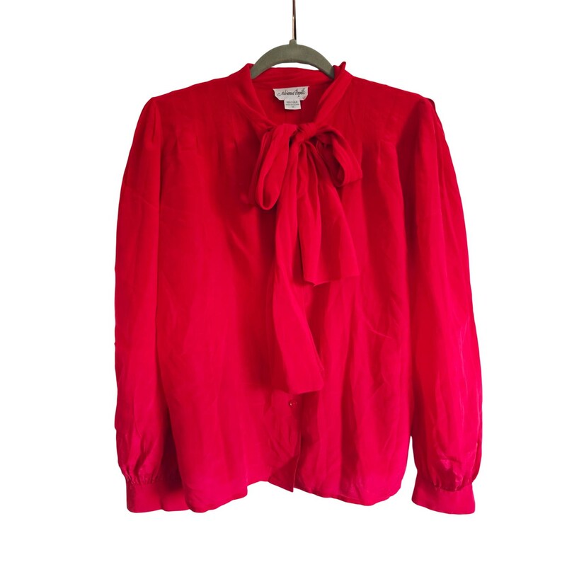 Adrianna Papell 10 Vintage 100% Silk 80's Red Bow Tie Neck Blouse Top Victorian image 4