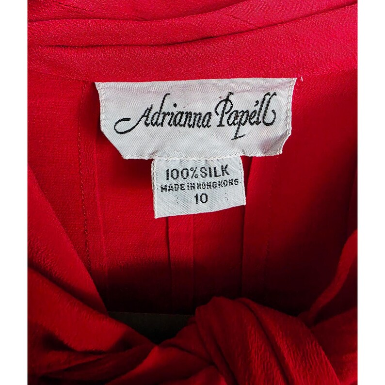 Adrianna Papell 10 Vintage 100% Silk 80's Red Bow Tie Neck Blouse Top Victorian image 6
