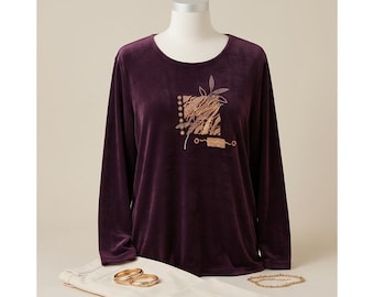 Donna USA 3XL Vintage Purple Slinky Velvet Top AS-491 Manga Larga Art Deco