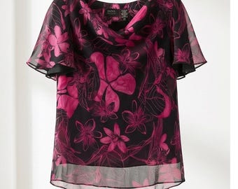 Dana Buchman 14 Vintage Rosa Schwarz Floral 100% Seide Wasserfallausschnitt Bluse Top Boho