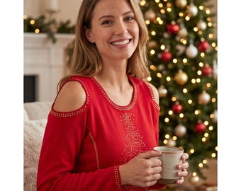 Suéter Berek Vintage L Vermelho com Ombro Vazado e Árvore de Natal com Strass - Tamanho Grande