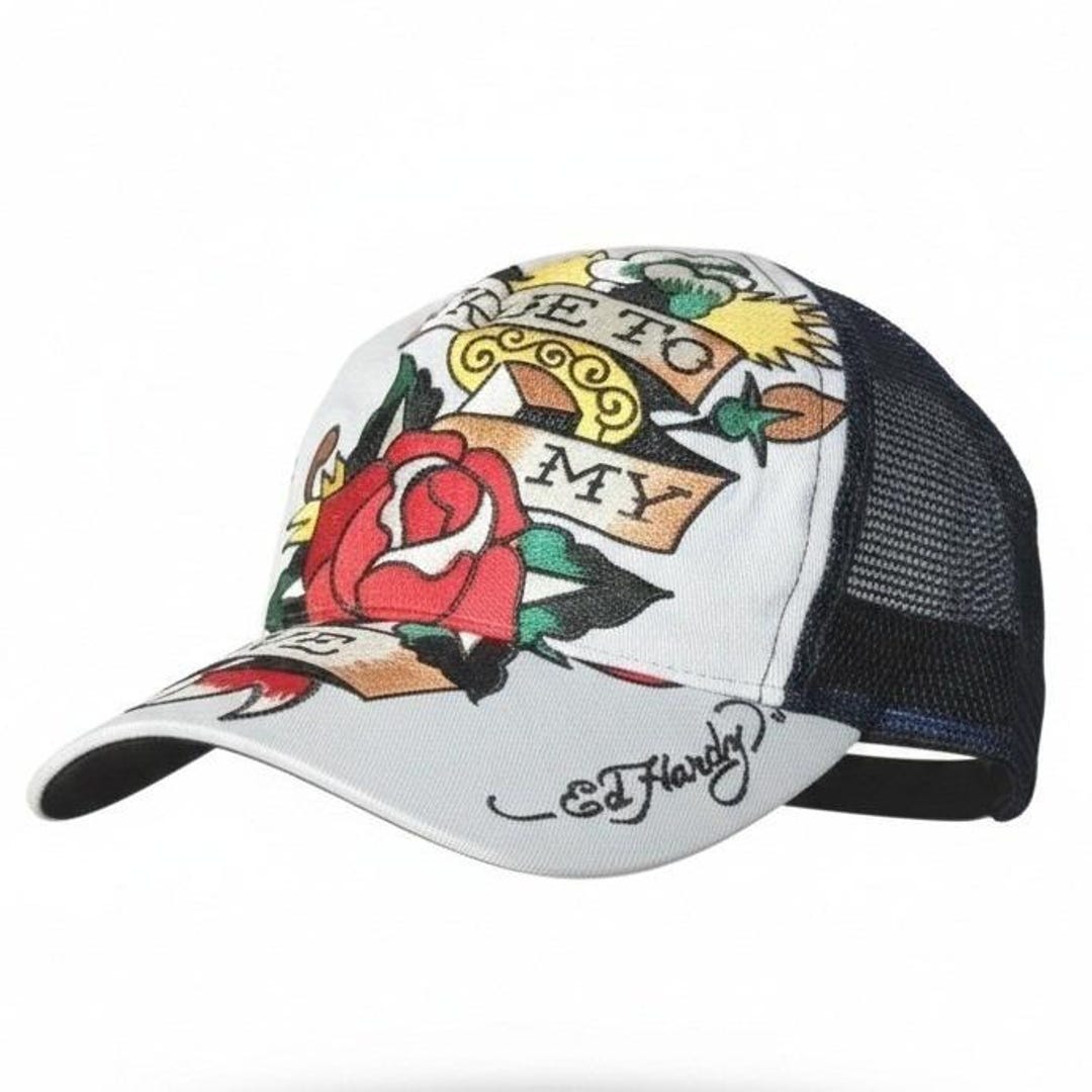 Don Ed Hardy Mesh Trucker Hat Cap True to My Love Two Tone Denim Gray ...