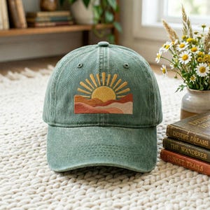 Embroidered Sunset Landscape Washed Cotton Cap, Boho Desert Nature Style