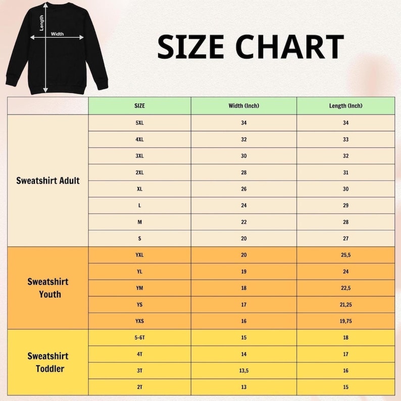 Puede incluir: Una tabla de tallas para sudaderas, con medidas en pulgadas. La tabla incluye tallas para adultos, j&oacute;venes y ni&ntilde;os peque&ntilde;os. El texto "SIZE CHART" est&aacute; en la parte superior. Muestra medidas de ancho y largo.