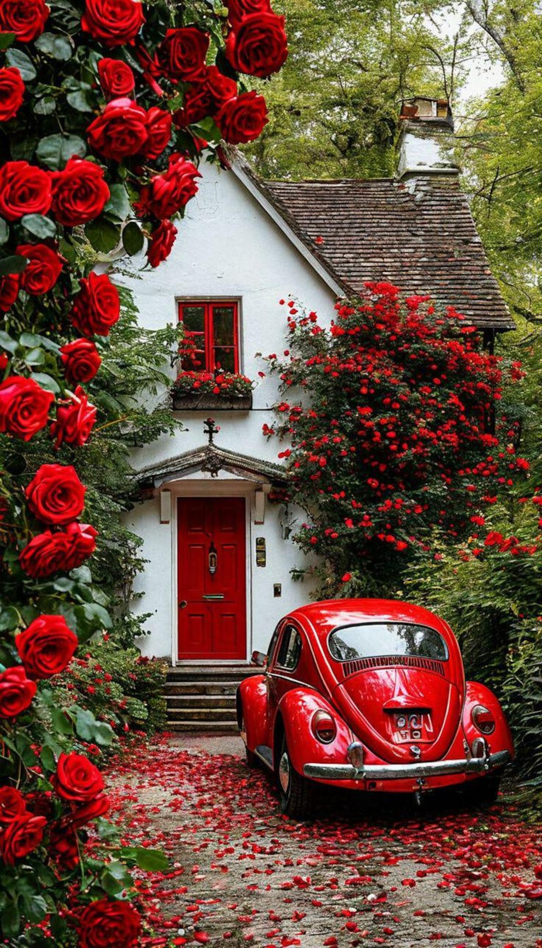 Red Cottage Roses Background Red Roses Cottage Print – Vintage Car, Romantic Home Decor (digital ...
