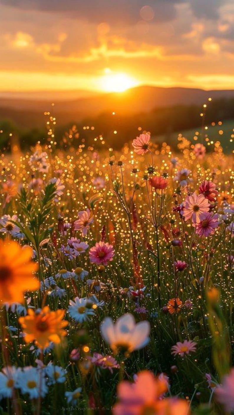 Sunset Wildflower Meadow Art Print, Golden Hour Landscape Nature Poster ...