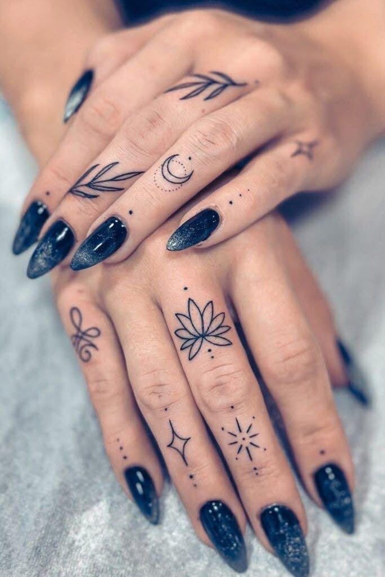 Minimalist Finger Tattoo Set, Moon Star Lotus Fine Line Designs ...